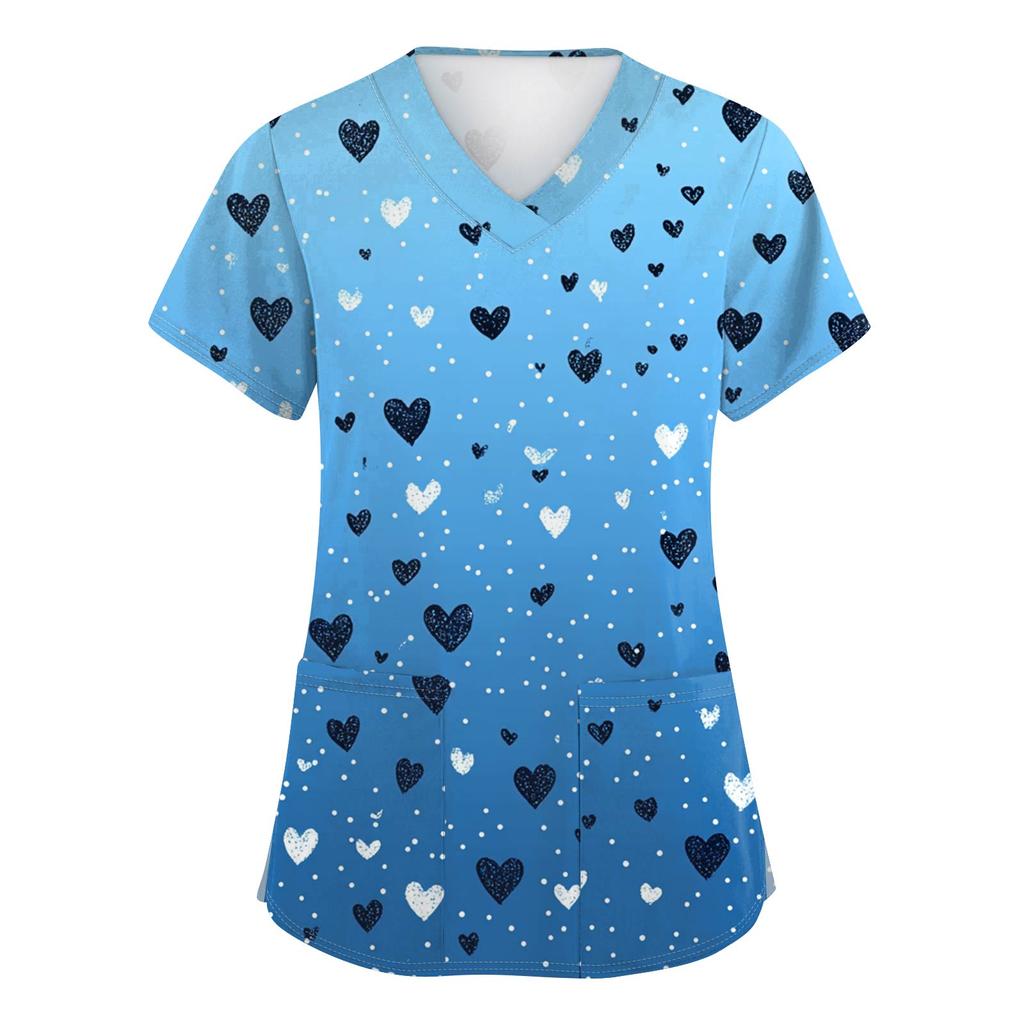 Women's Fashion V-Neck Short-Sleeved Workwear With Pockets Valentine's Day Printed Top Caregiver Uniform