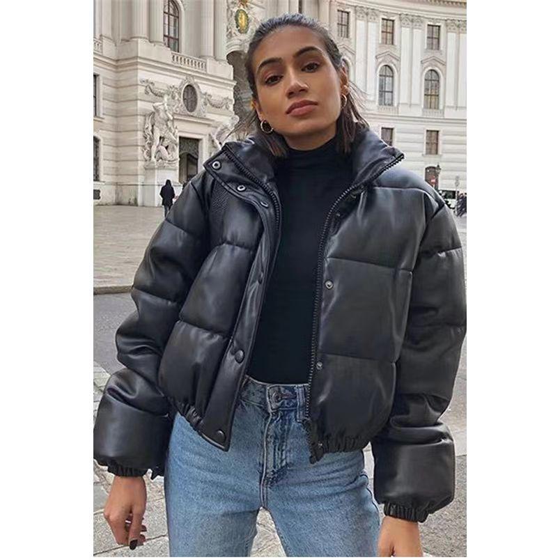 Trendy Cotton PU Leather Jacket for Women - Short, Thick, Loose Fit