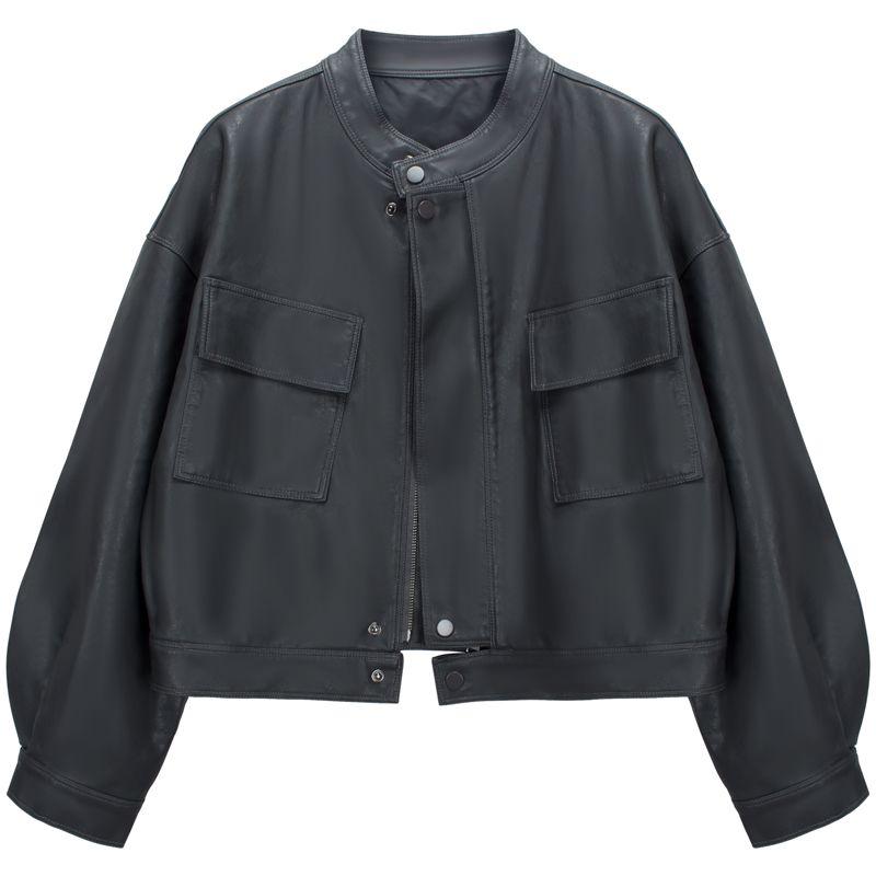 

Leather Coat Women s Short 2025 New Arrival Fashion Stand Collar Biker s Leather Jacket Hong Kong Style Casual Women s Clothing Tops Fashion Grey M