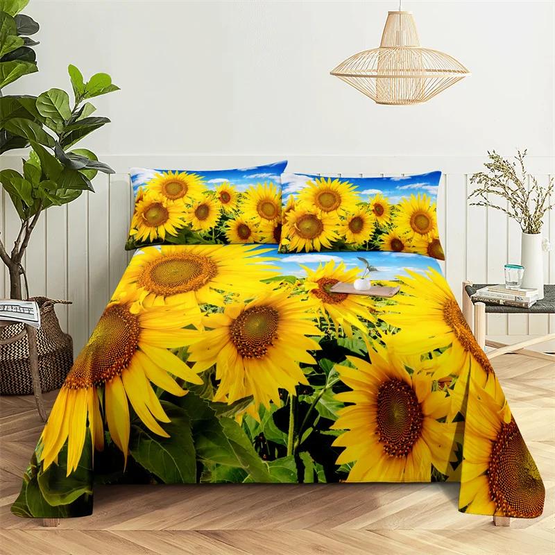 Sunflower Bed Sheet Sets Bouble Single Beds Flower Bedsheet with Pillow Case Full Queen Size 2pcs 3pcs 3D Soft Thin Fabric Home