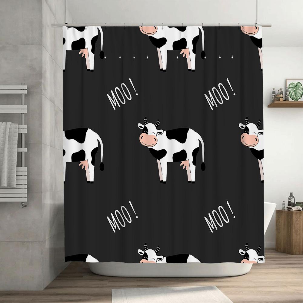 Adorable Cow Print Shower Curtain With Hook Rings For Bathroom Decor Black White Design 72 Inches Long (180Cm)