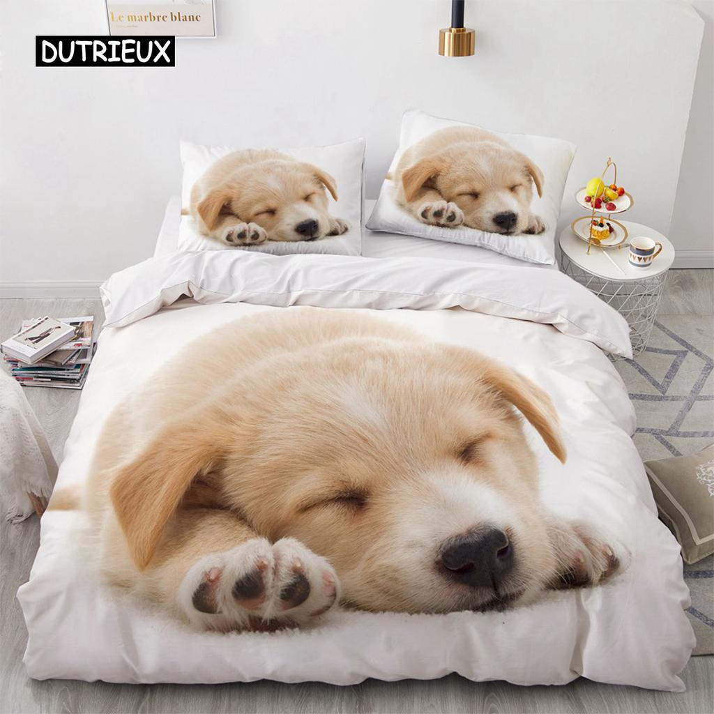 Lovely Animal 3D Bedding Sets White Duvet Quilt Cover Set Comforter Bed Linen Pillowcase King Queen 200*220cm Size Dogs Pets Dog
