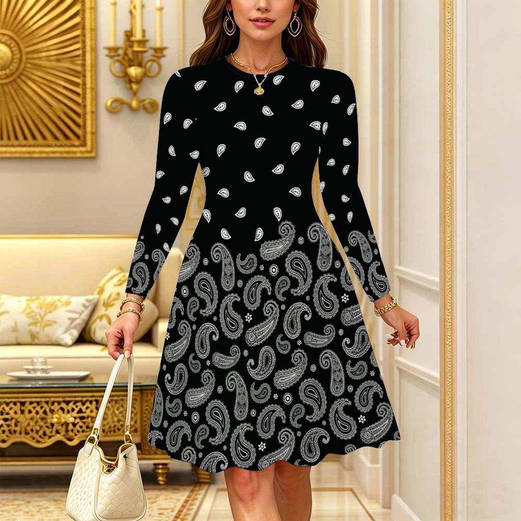 Women Long Sleeve Round Neck Midi Dress Retro Floral Vine Leaf Print Flared Casual Dress