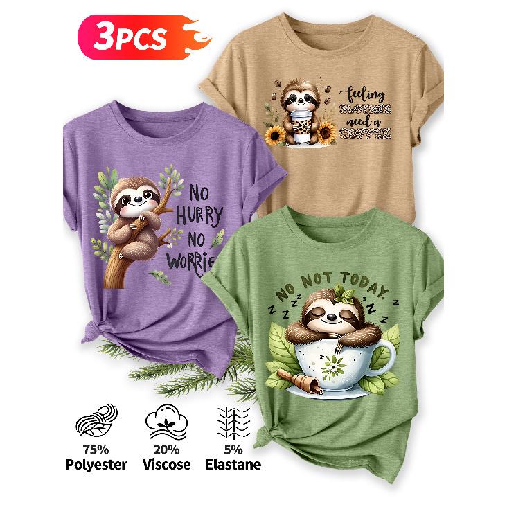 2026 3 Pack Sloth Print Round Neck Women Short Sleeve T Shirts Elegant Casual Holiday Spring Summer Tops