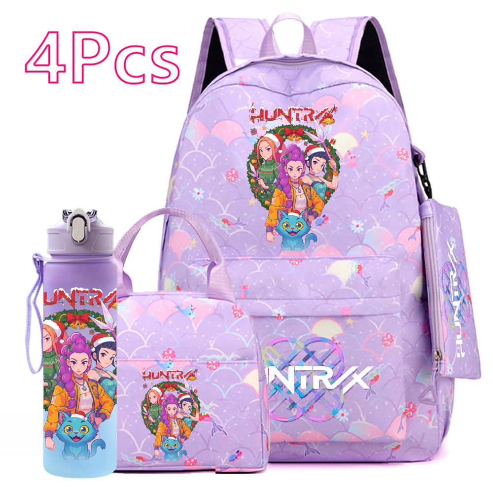 4Pcs/set Christmas KPOP Printed Backpack with Handbag Pencil Case 750Ml Water Bottler for Teenager Boy Girl Large Capacity Bookbag Schoolbag Kid Gift
