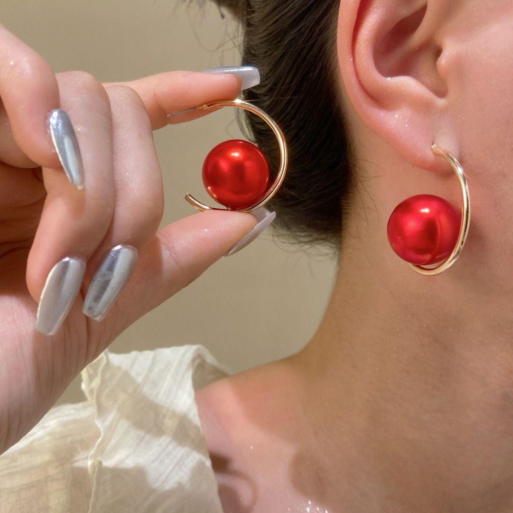 Imitation Pearl+Iron Charms Dangler Exaggerated Geometric Ear Studs Women Girls