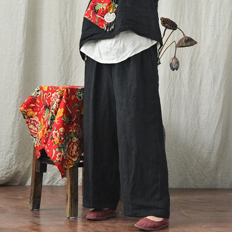 Johnature Summer Retro Solid Color Wide Leg Pants Pocket Elastic Waist Leisure Women Ankle- Length Pants