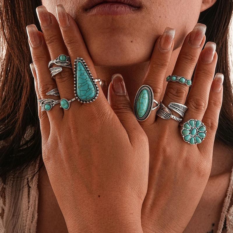 Retro Cactus Turquoise Ring Set 9pcs Faion Jewelry Accories Alloy Embedded Artificial Gemstone New Condition