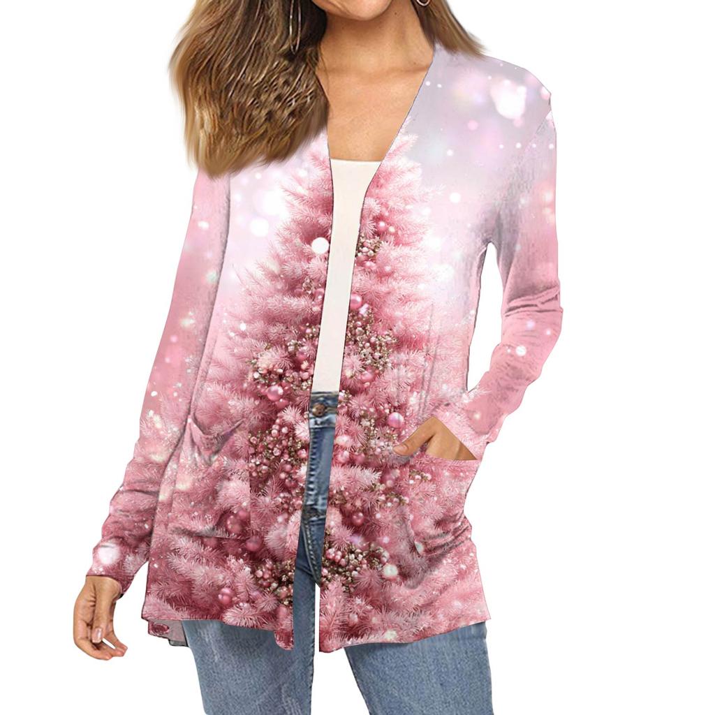 Women's Fashion Christmas Print Long-Sleeved Pocketed Slim-Fit Cardigan Coat