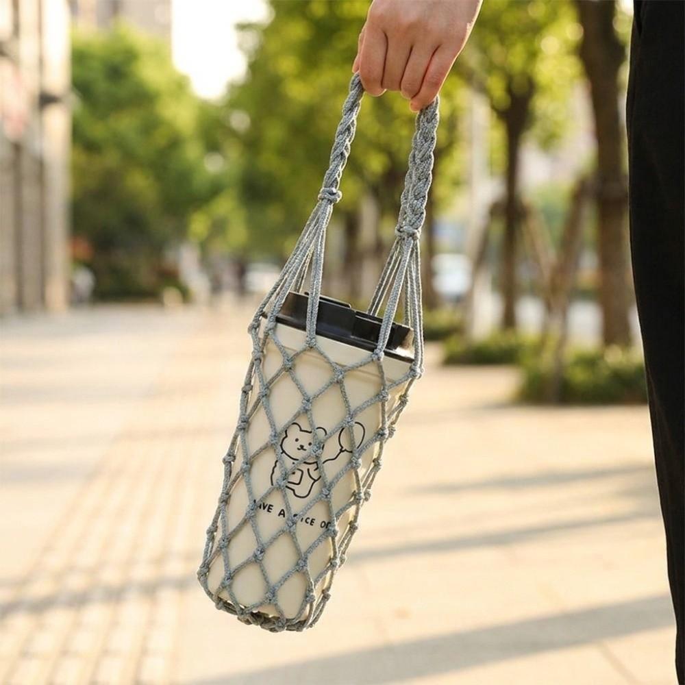 Cotton Rope Handheld Water Cup Mesh Bag Portable Water Bottle Bag Hollow Out Bottle Bag Walking