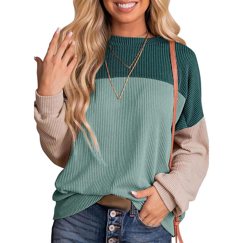 Women Fashion Color Block Long Sleeve O-neck Knitted Ribbed Casual Loose Pullovers