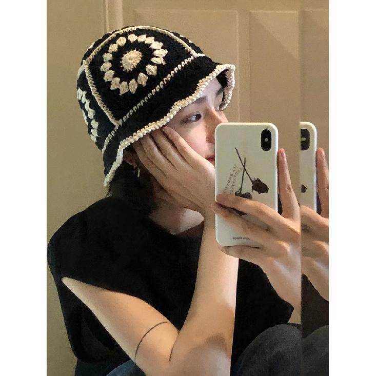 Japanese-style Sweet Hollow Floral Embroidered Knitted Hat for Women, Autumn and Winter, Warm and Versatile Woolen Fisherman Hat for Students, Trendy