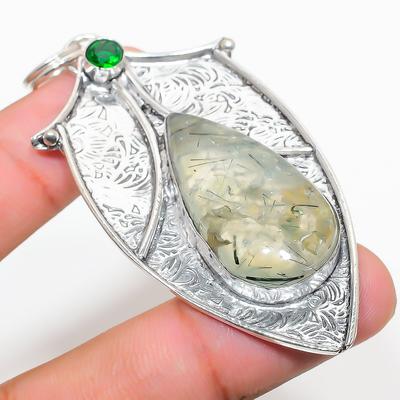 Natural Prehnite, Diopside Gemstone 925 Sterling Silver Pendant 2.88" t0S45