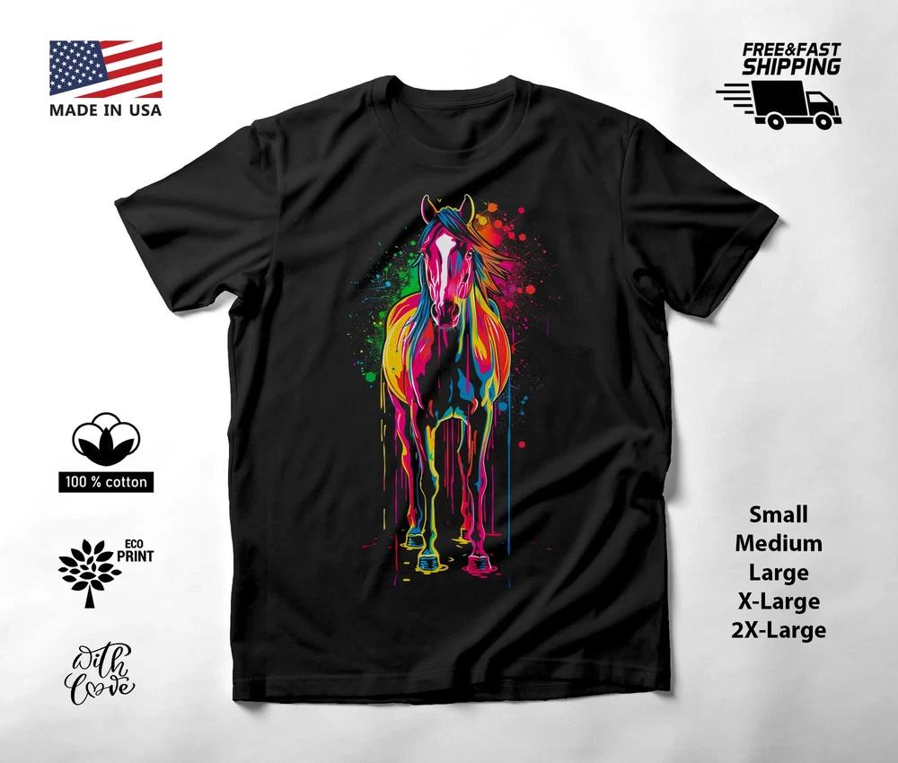 Horse Portrait Neon Graphic T-Shirt Black Unisex S-2XL