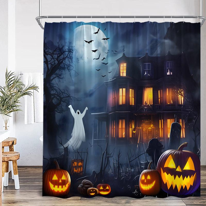 Horror Halloween Shower Curtain Forest Dead Trees Tombstone Crow Black Cat Skeleton Bath Curtains Home Bathroom Decor with Hooks