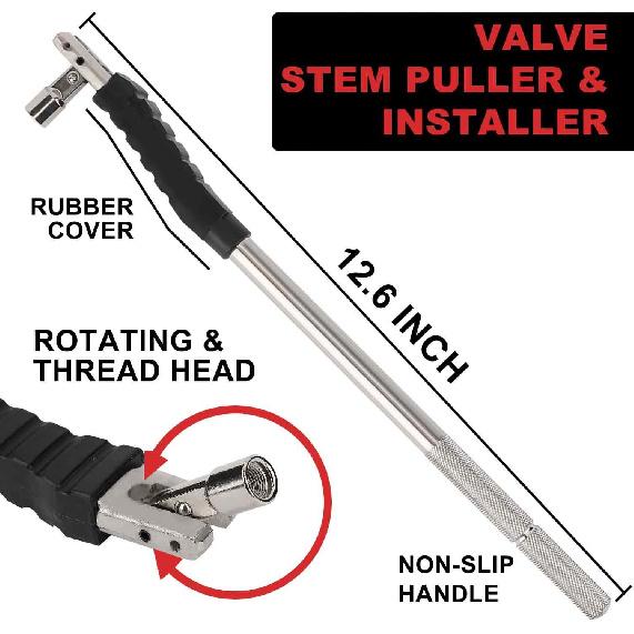 

Hromee Tire Valve Stem Tool Puller and Installer Kit, 4PCS TR413 Tubeless Snap-in Valve Stem with Valve Stem Cores, Single Head Valve Core Remover