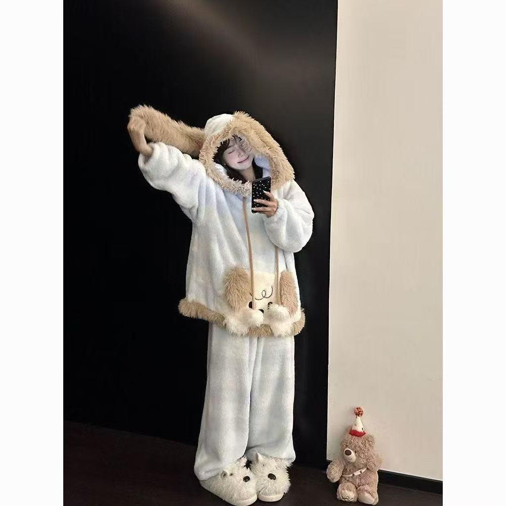Damen Cartoon Welpen Fleece Schlafanzug Set - Warmer Kapuzen-Einteiler für den Winter