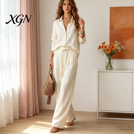 French Style Clothing Women Loose Casual Shirt Pants Set, Button Down Collar & Wide Summer Lounge Sets Leg Pants, Solid Color Matching Two Piece