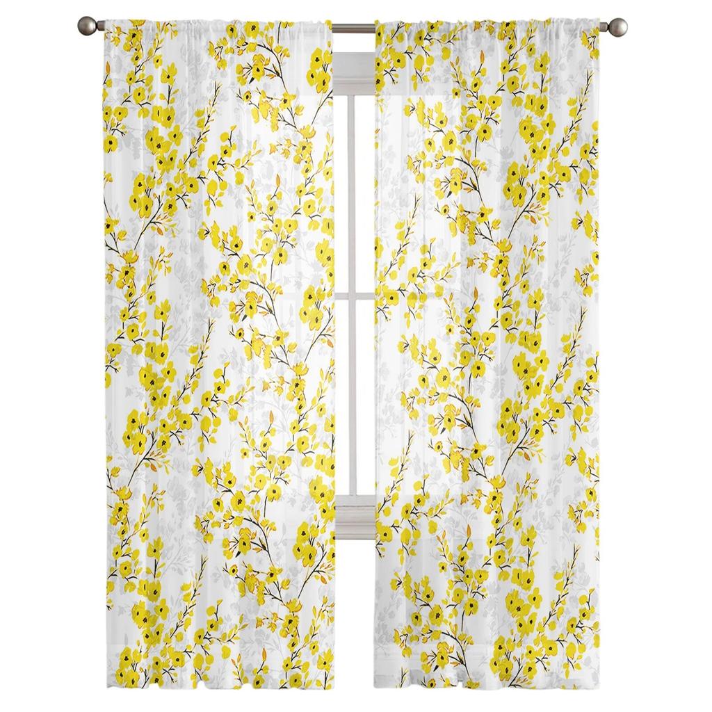 Yellow Flower Watercolor Leaves Sheer Curtains For Living Room Bedroom Tulle Curtain For Kitchen Voile Curtain Blind Panels