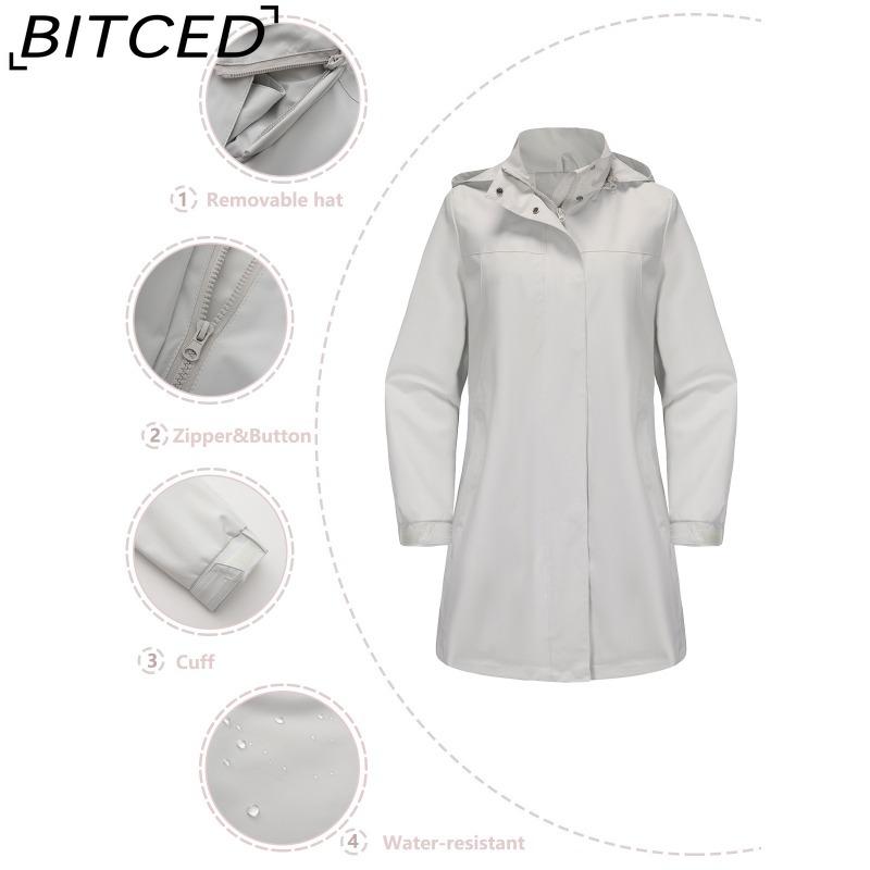 BITCED Spring/Fall Detachable-Cap Water-Resistant Trench Coat for Women Solid Color Long-Sleeve Lightweight Jacket Casual Women's Wear