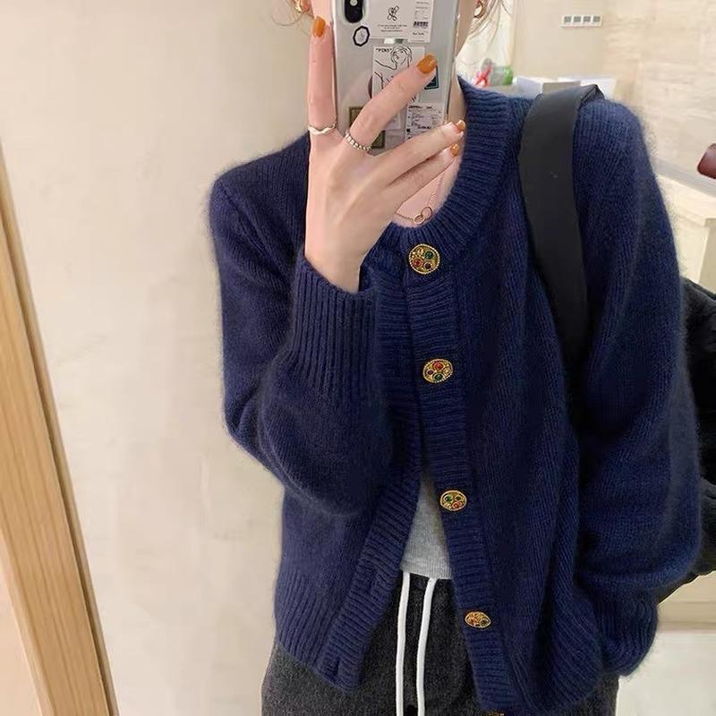 

Весенне-осенний модный новый однотонный свитер с длинными рукавами и круглым вырезом, женский свободный вязаный кардиган в западном стиле, куртка One Size темно-синий