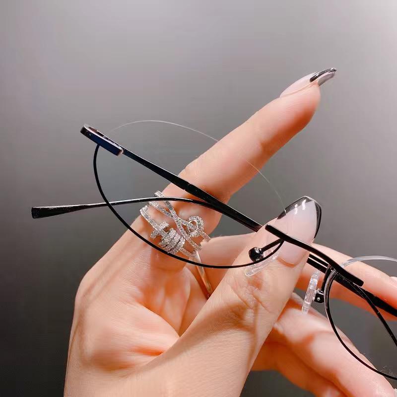 Bai Fen Bai Electronic 3C Women's Black Metal Oval Half Frames Glasses Girls Y2k No Lens Cosplay Eyeglasses Anime Photography Party Eyewears Royal Elder Sister