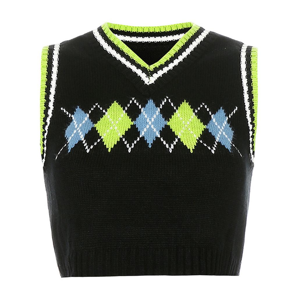 Womens Casual Plaid Knitted Tank Top  Knitwear Preppy Style V-Neck Vest Sweater