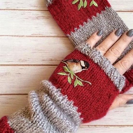 Women Autumn Winter Bird Embroidered Gloves Knit Fingerless Color Block Mitten