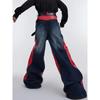 ZYLLO Y2K Streetwear Red Pu Leather Patchwork Baggy Jeans Pants For Men Designer Clothes Wide Leg Loose Denim Trousers
