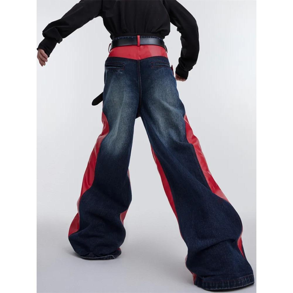 ZYLLO Y2K Streetwear Red Pu Leather Patchwork Baggy Jeans Pants For Men Designer Clothes Wide Leg Loose Denim Trousers