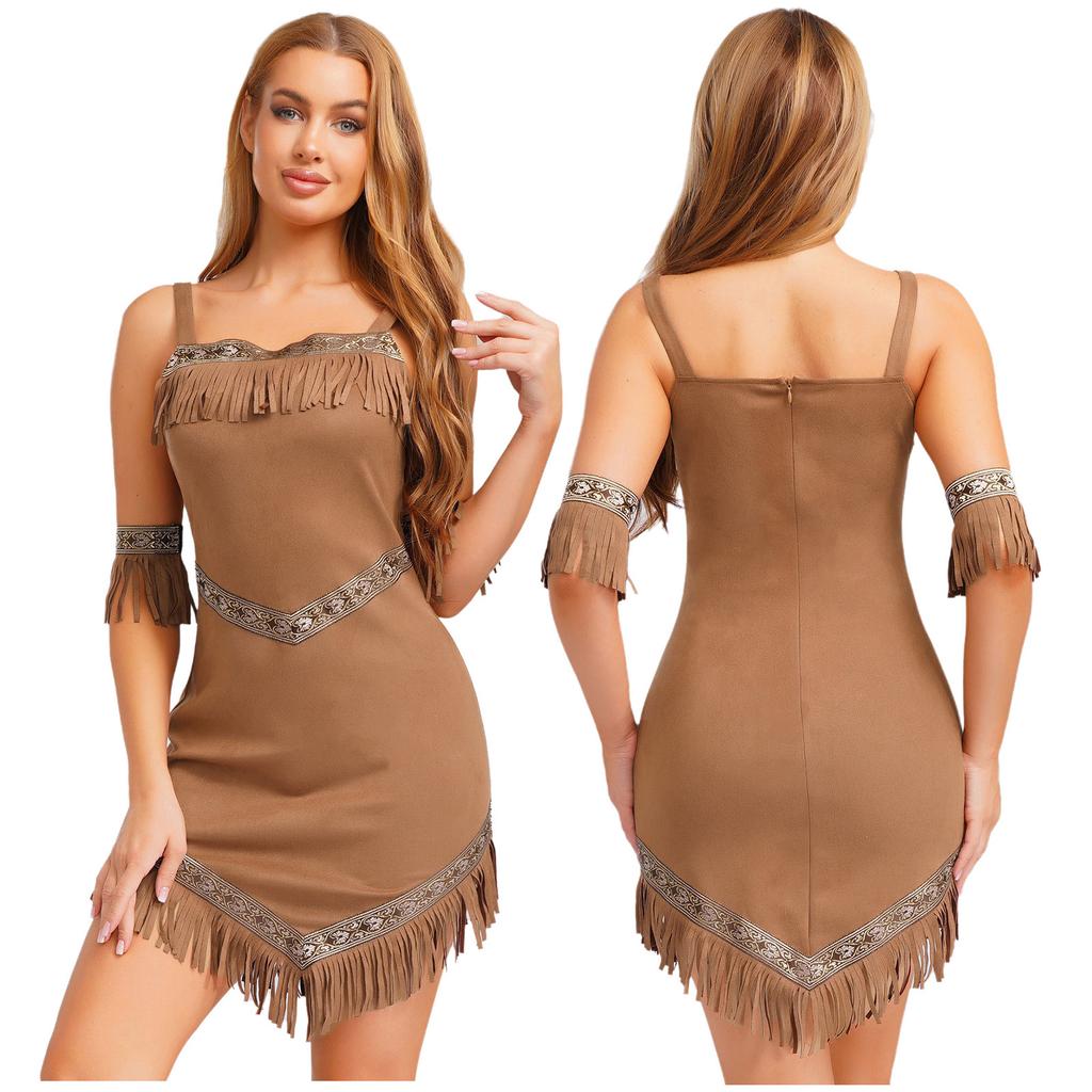 Authentic Native American Halloween Costume for Women S-4XL: Faux Suede Dress with Tassel Hem & Arm Cuffs for Cosplay