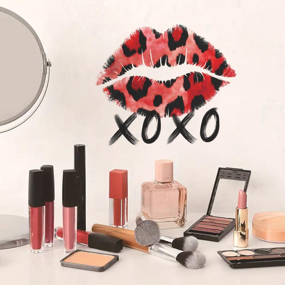 Personalized Leopard Print Lip Prints and English Word Decorative Wall Stickers for The Dressing Room Bedroom