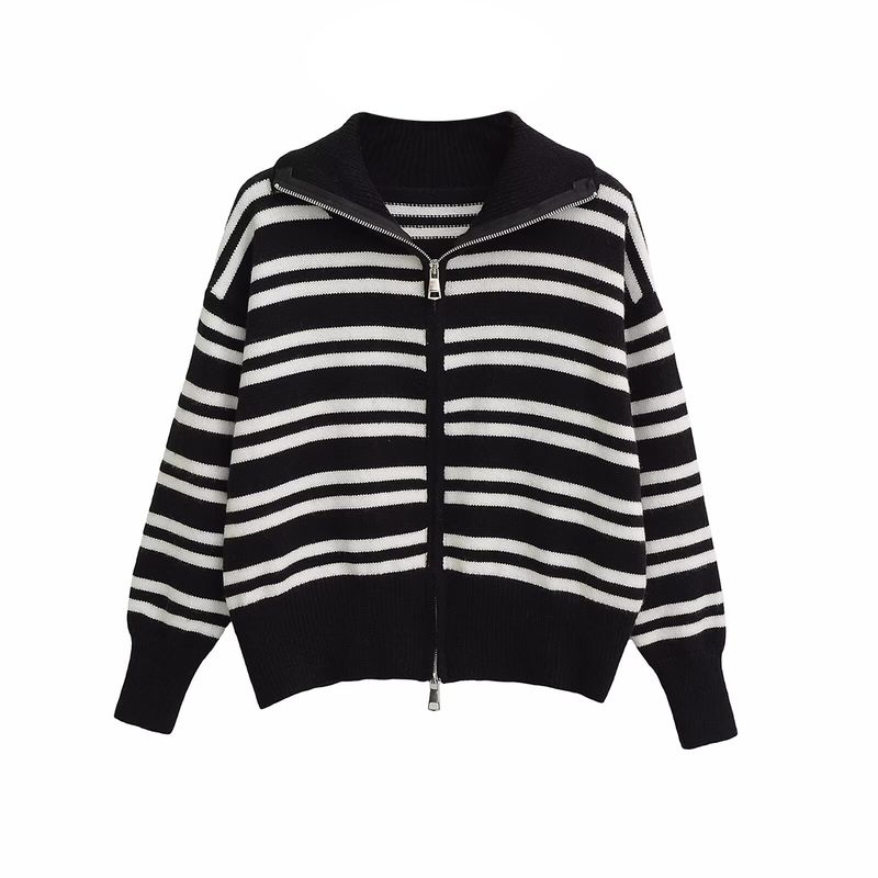 Kaslead New Women Clothes Western Style Fashion Long Sleeve Stripe Lapel Fashion Zipper Cardigan Outerwear