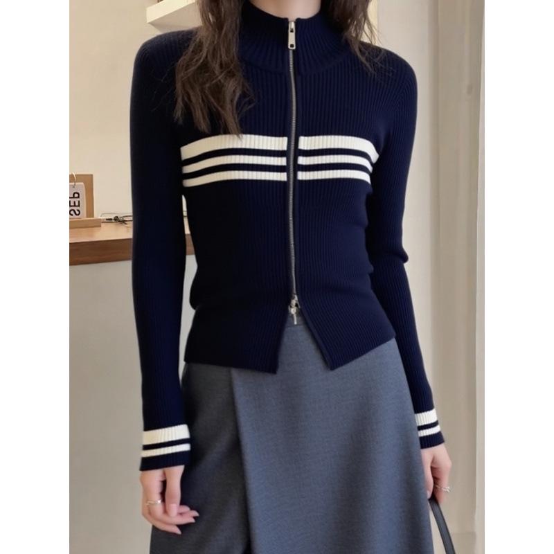 

Color-block Double Zipper Long Sleeve Knitwear - Fashionable Versatile Top for Autumn 2026 4XL темно-синий