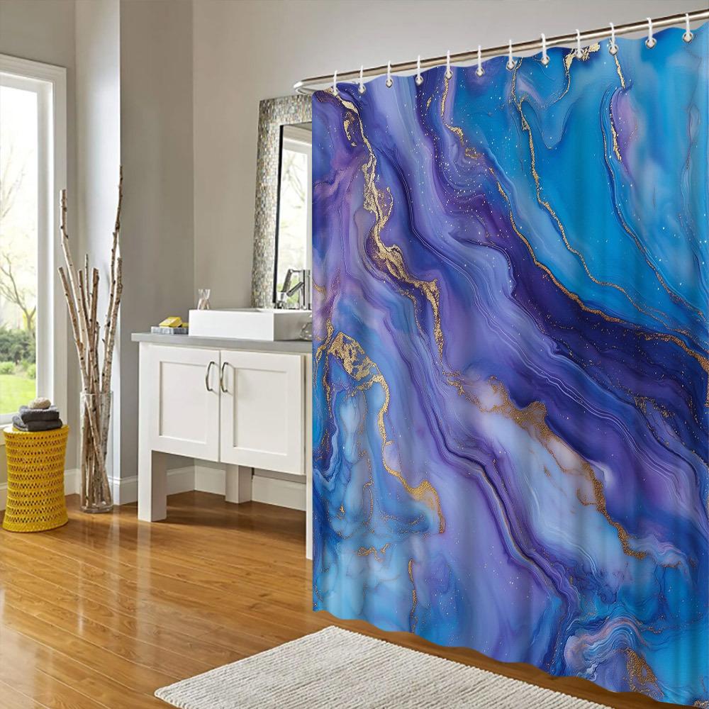 Elegant Blue And Purple Marble Shower Curtain - Waterproof, Mildew-Resistant With Gold Accents For A Luxurious Bathroom Decor