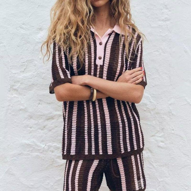 Zbzr Spring New Women Clothes Western Style Short Sleeve Knit High Waist Knit Shorts 3920244 3920243