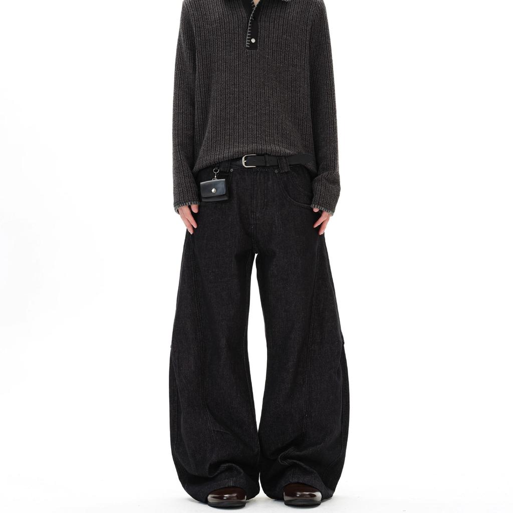 Unisex American Retro 3D Deconstructed Black Denim Scythe Pants - Trendy Loose Straight-Leg Jeans