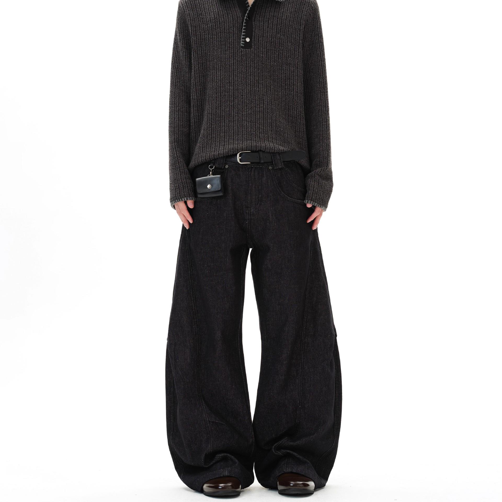 Unisex American Retro 3D Deconstructed Black Denim Scythe Pants - Trendy Loose Straight-Leg Jeans Medium чёрный