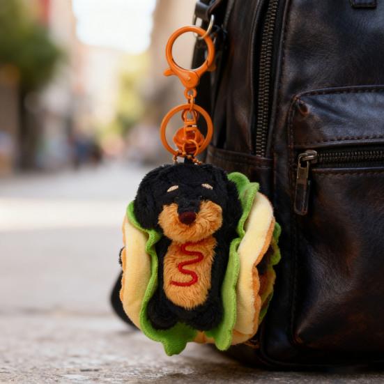 Dachshund Dog Hamburger Keychain Pendant Plush Bag Charm Dual-Function Key Chain Bag Hanger Accessory