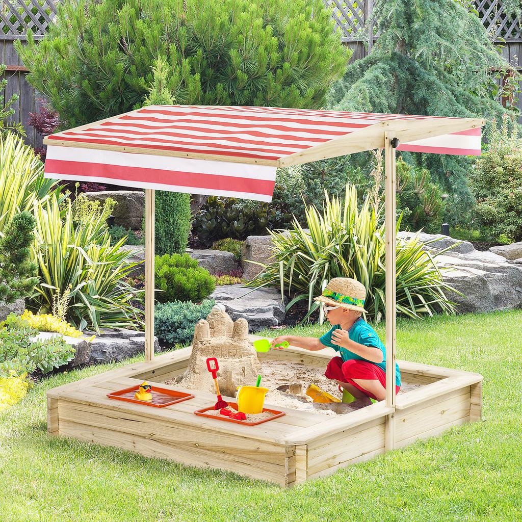 Sabbiera in Legno per Bambini con Coperchio, Set Gioco Sabbiera per Bambini, Giardino Esterno con Tettoia Regolabile, Telo di Fondo, Sedile, Bacinella in Plastica