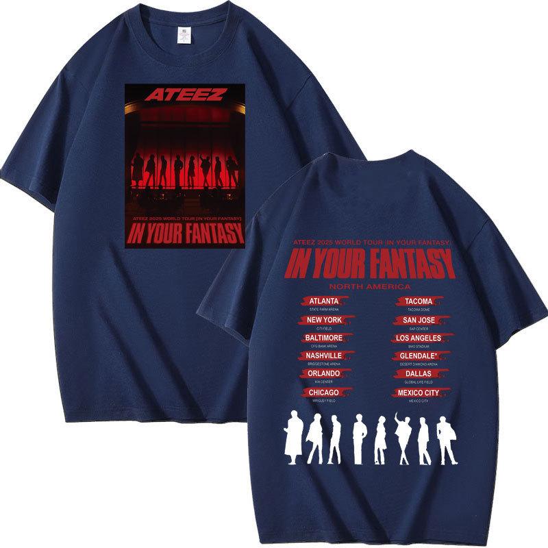 ATEEZ "In Your Fantasy" Stage Silhouette Tour T‑Shirt, Front Members Outline & Back City List with White Silhouettes, Oversized K‑Pop Fan Tee