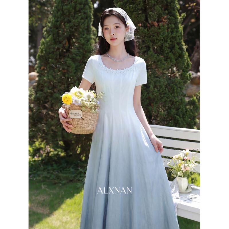 French Romantic Gradient Short-Sleeve Long Dress S