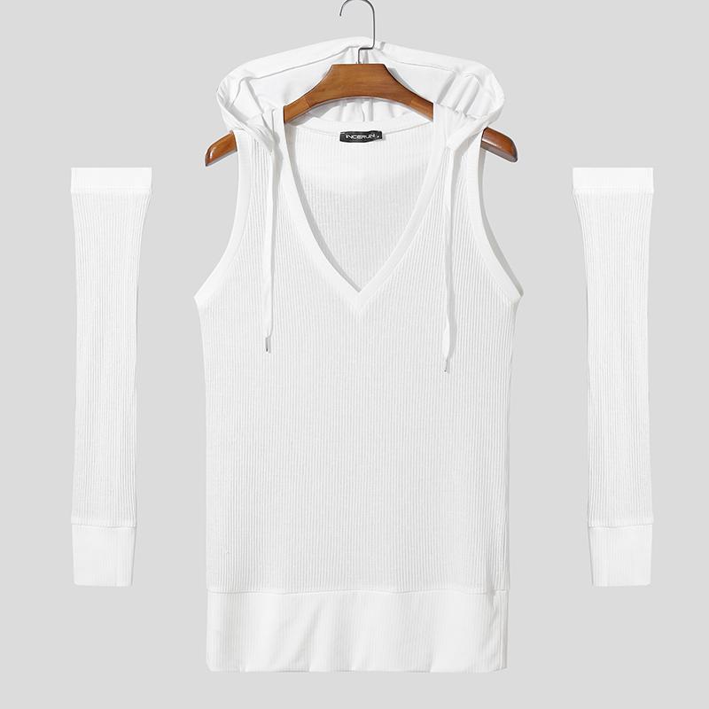 

INCERUN Мужские майки без рукавов с V-образным вырезом, капюшоном и рубчатой фактурой, повседневные, облегающие, с короткими рукавами 5XL белый