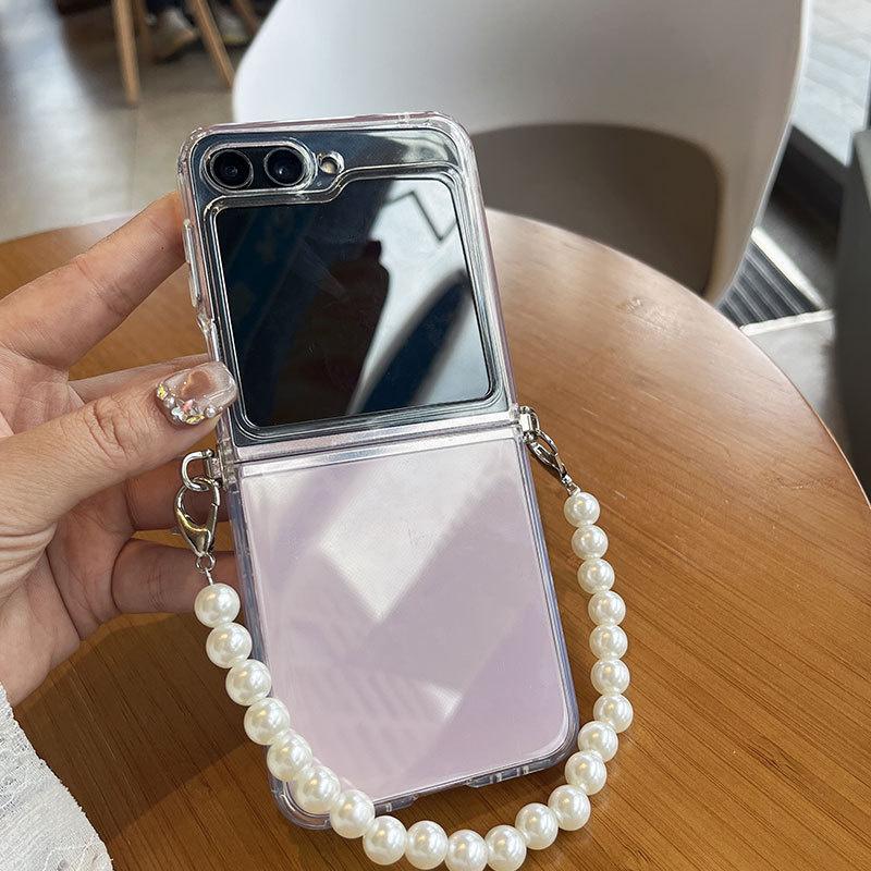 Pearl Crossbody Lanyard Transparent Case for Samsung Galaxy Z Flip6 5 5G Soft Silicone Phone Cover For Galaxy Z Flip 6 5 Wriststrap Chain Clear Cover
