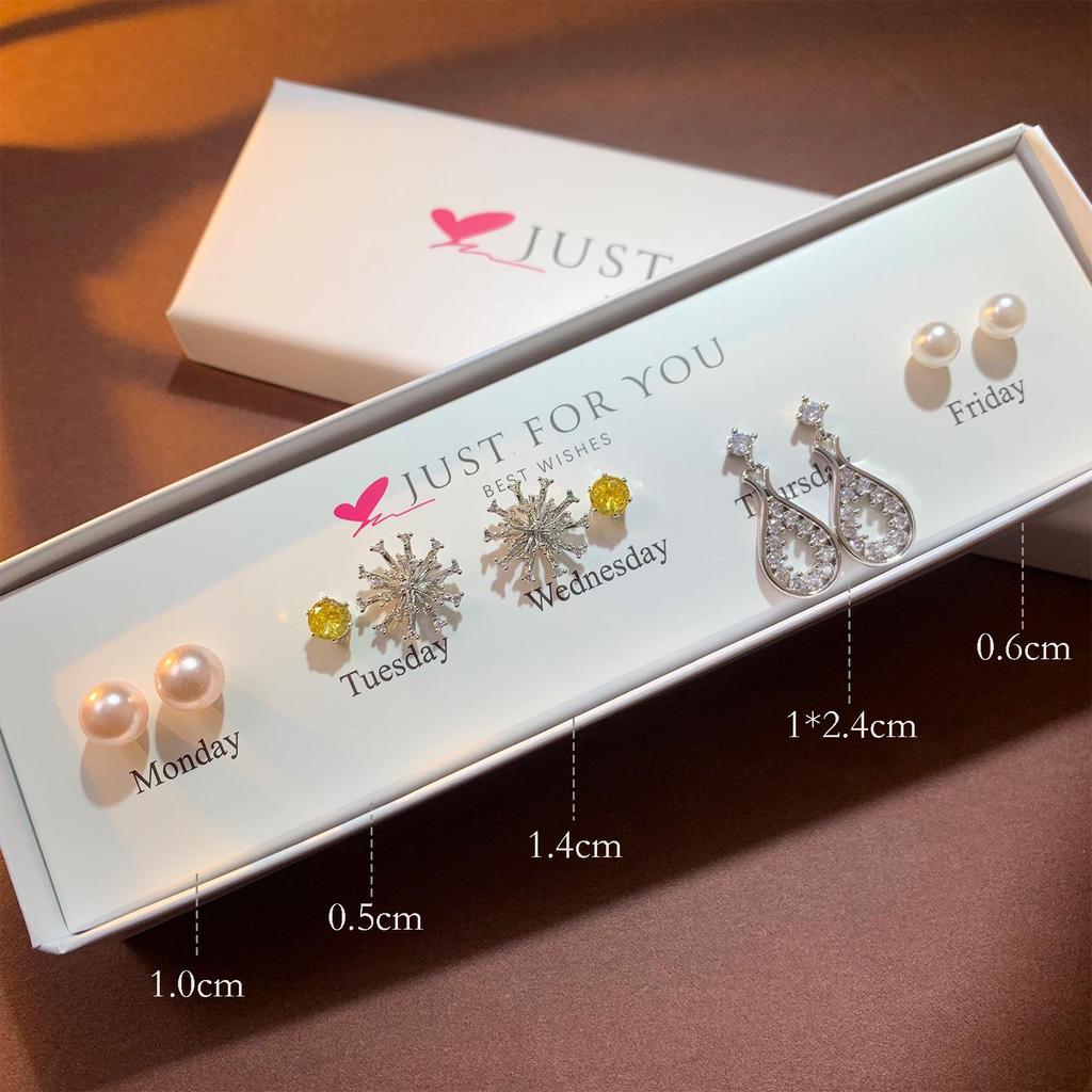 Weekly Earring Set: Flower Zircon Studs, Simple Ear Cuffs, Pearl Tassel French Earrings - 5 Pairs