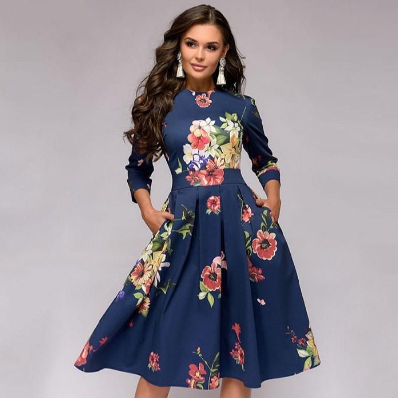Vestido de fiesta vintage floral de corte A para mujer, con mangas de siete puntos y cuello redondo.