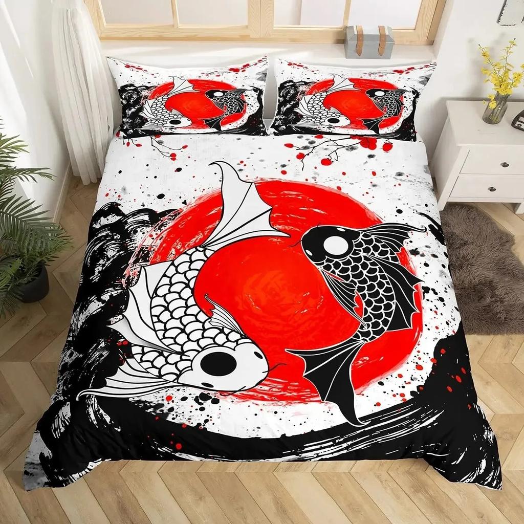 Whale Koi Duvet Cover Set Full Queen SizeSunset Great Sea Wave Bedding SetAnimal Ocean Landscape Japanese Art Comforter Cover