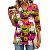 Dam Casual Halloween-tryckt V-ringad Blus med Trekvartsärm för Högtidspartyn