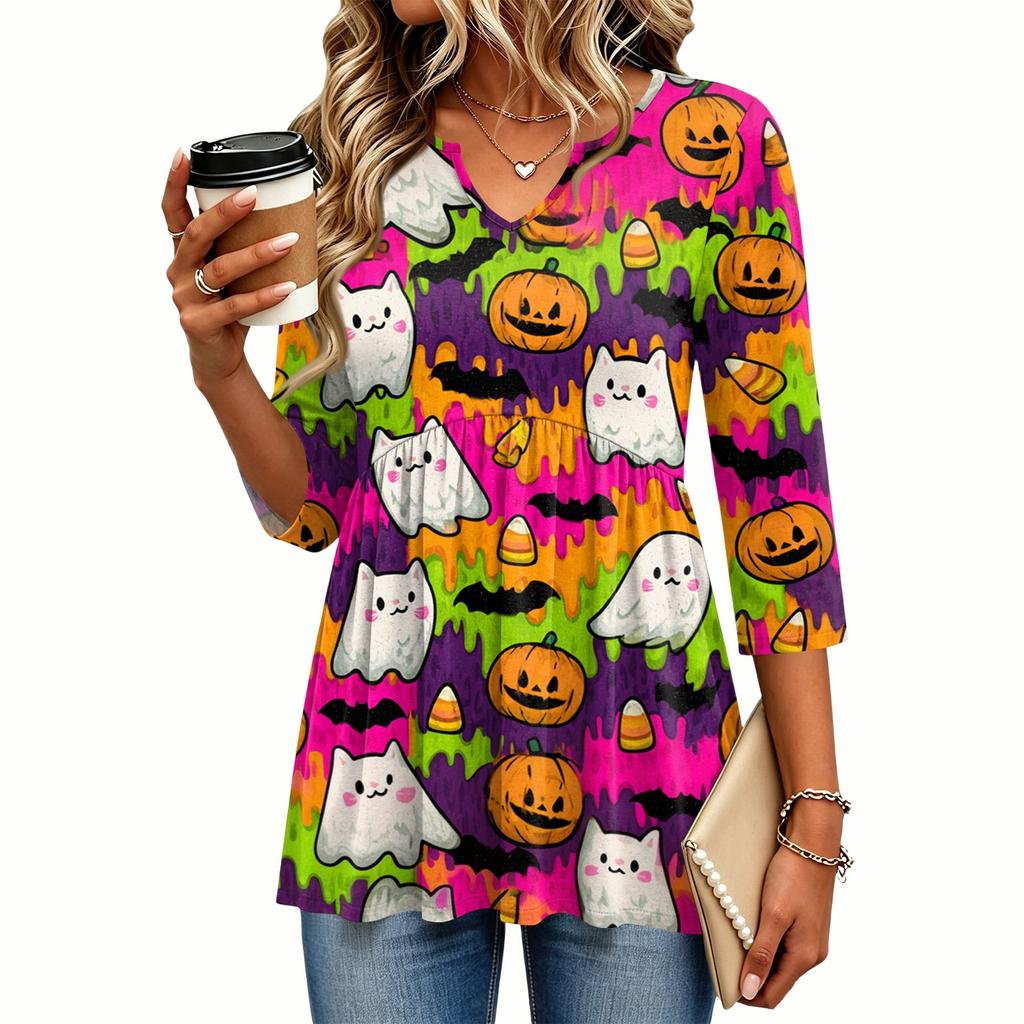 Dam Casual Halloween-tryckt V-ringad Blus med Trekvartsärm för Högtidspartyn