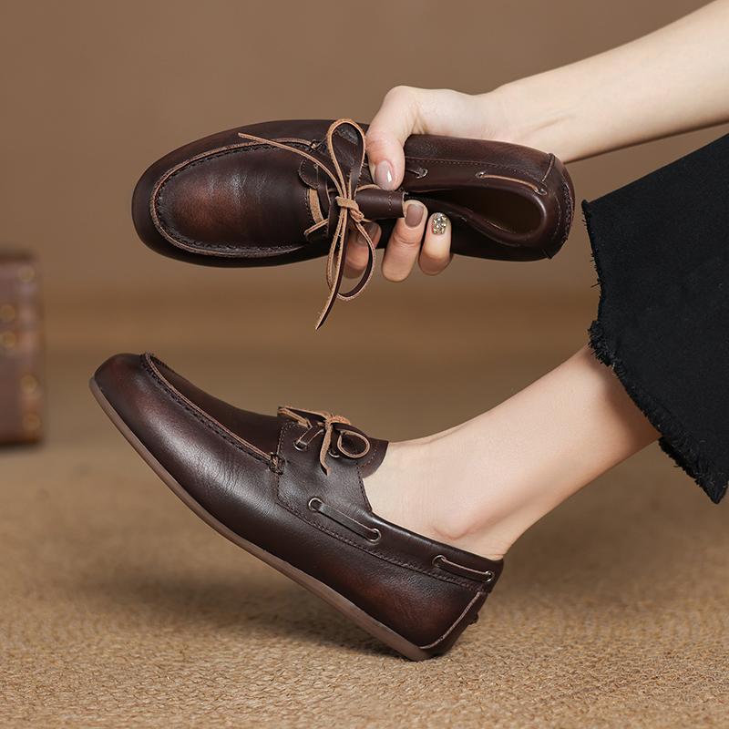 Fashion 2025 New Spring Genuine Leather Women Shoes Round Toe Women Flats Shoes for Women Retro Lace Up Loafers Fashion Ladies Shoes